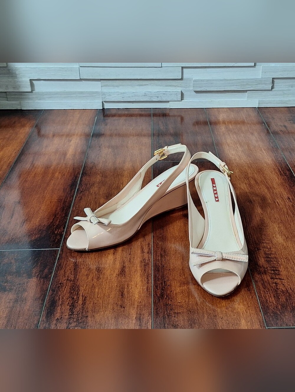 Prada Patent Leather Slingback Wedge Heels Nude Pink Bow EU 38.5